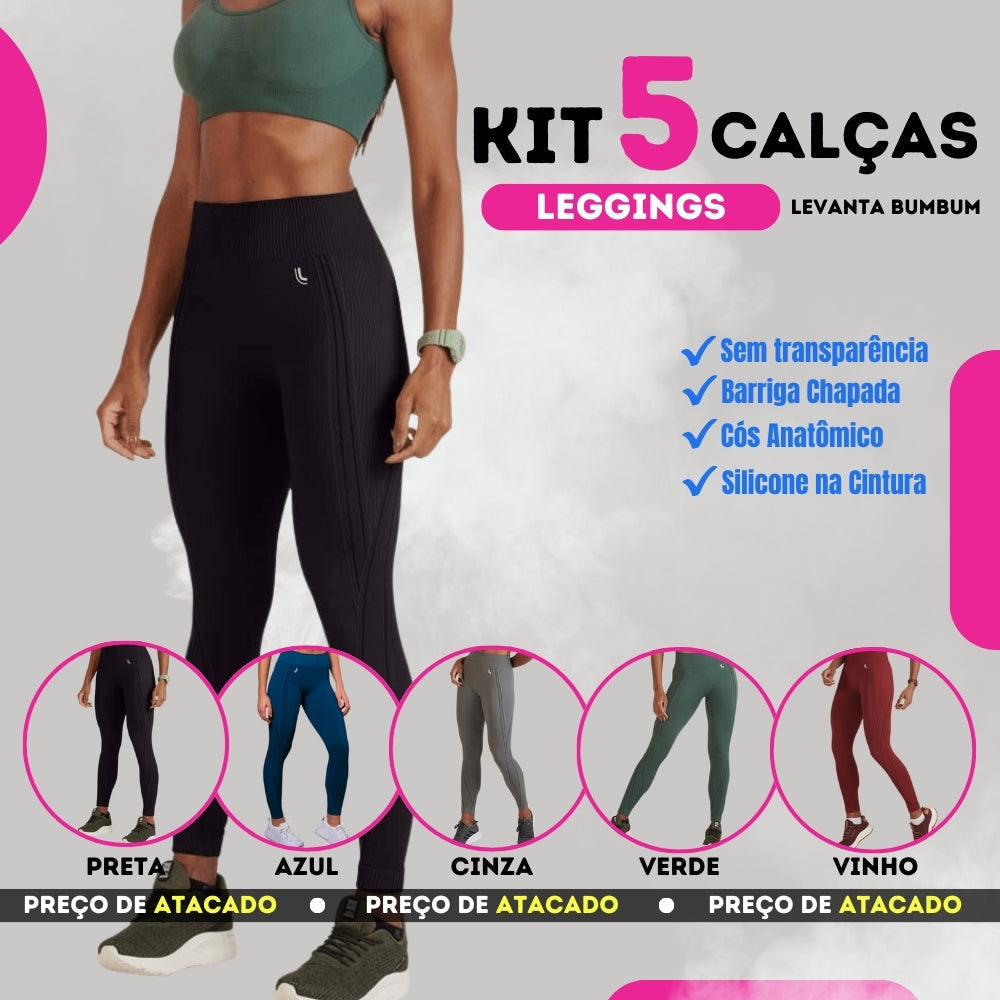 Kit 5 Calças Legging + Brinde - Aumenta Bumbum e Afina Cintura - DIRETO DA FÁBRICA (Últimas Unidades!)